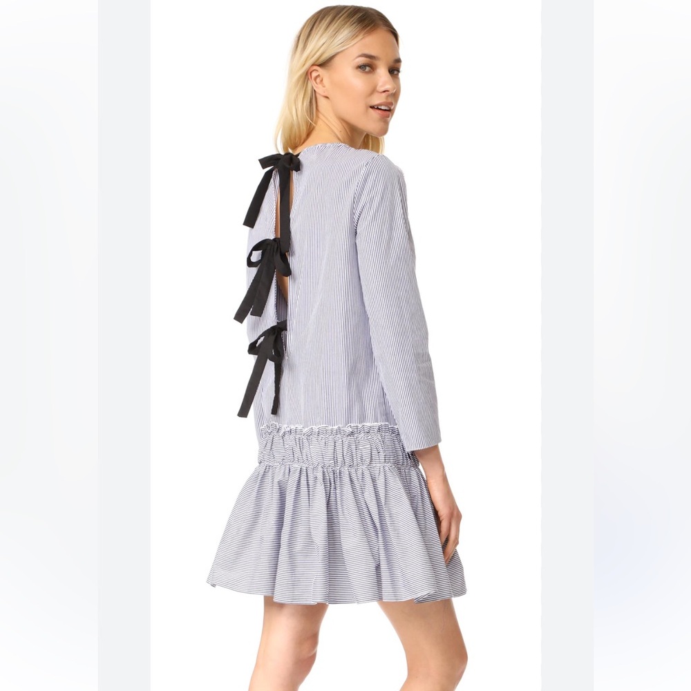 ENGLISH FACTORY Blue & White Striped Dress with Black Bow Ties in Back